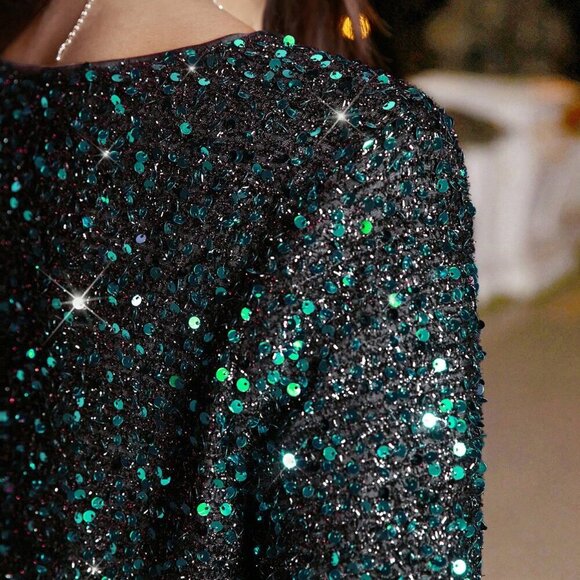 Dark Green Party Women's Sequin Glittering Long Sleeve Dress With Ruffle Hem - Picture 4 of 8